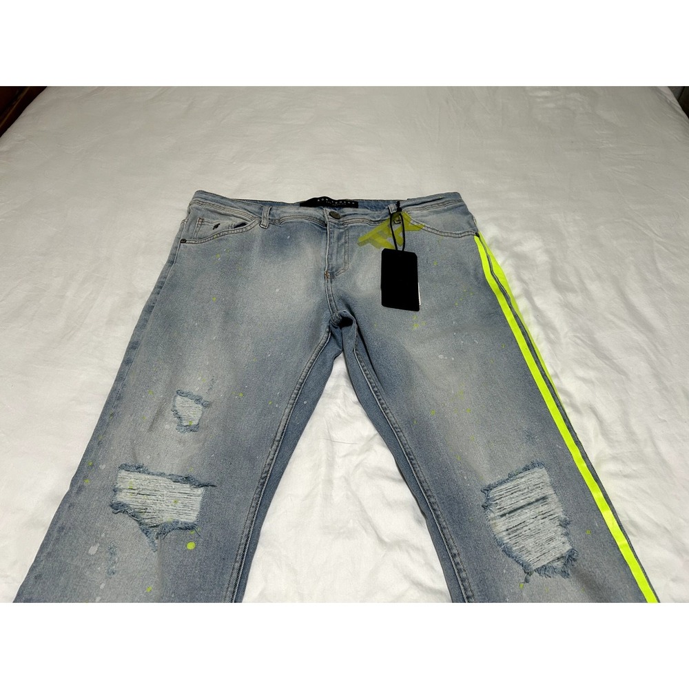 RON TOMSON Mens Modern Splattered Stripe Jeans Denim W/34 X L/34 Slim Fit New - Picture 3 of 8